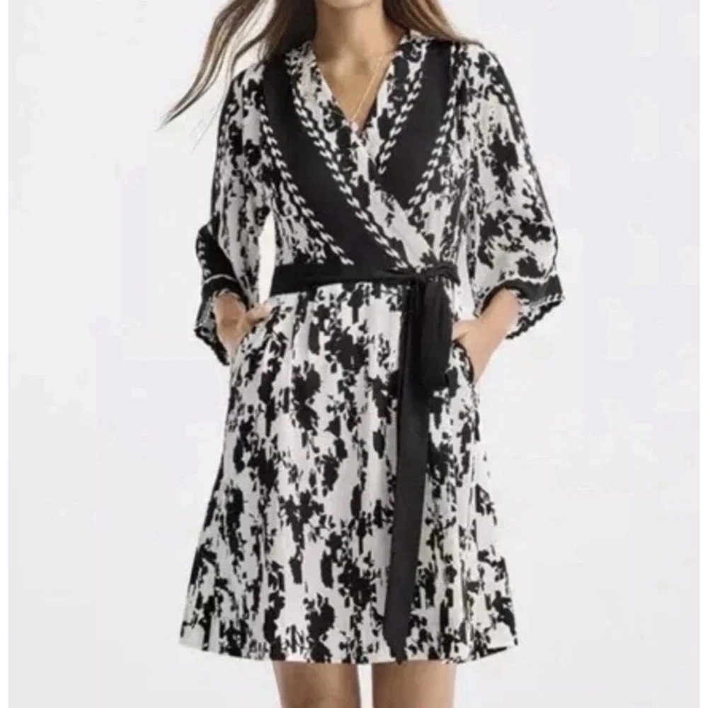 New Cabi X-Factor Dress Black White Size S Faux Wrap Top 3/4 Sleeve At Knee
